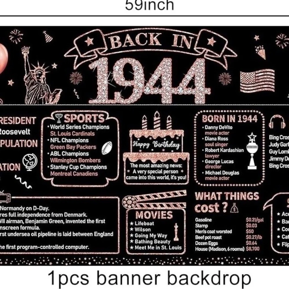 Born in‎ 1944 Birthday Banner; Black/Rose Gold; 59